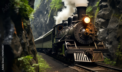 Vintage steam locomotive exiting a tunnel into a lush mountain landscape, evoking travel and adventure from a bygone era
