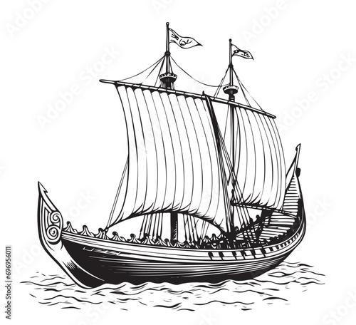 Drakkar Viking ship. Medieval military boat with sails Vintage Vector illustration
