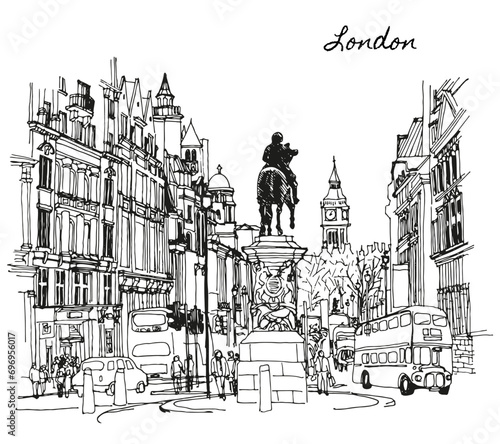 Vector illustration of London. Street in perspective. Big Ben.