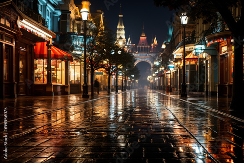 Travel and destination concept. Night city and wet reflective empty road or street background with copy space. Buildings illuminated with colorful lights. Festive mood © Rytis