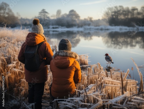 Two people birdwatching in winter gear observe a bird by a frosty lakeside at sunrise, their warm jackets contrasting with the cold blue of the frost-covered reeds. photo