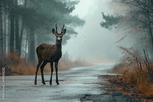 Misty Morning Encounter: Deer Stands Cautiously on Foggy Road © Nld