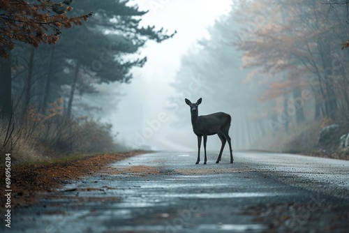 Misty Morning Encounter: Deer Stands Cautiously on Foggy Road photo