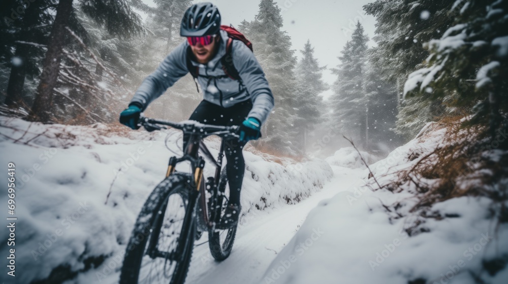 a cyclist leading the way on a snow-covered forest trail, with snowflakes falling and trees blanketed in white.