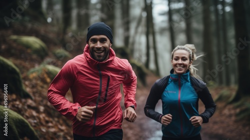 A runner in a bright red jacket and beanie smiles broadly, enjoying a run through a foggy, moss-covered forest, invigorated by the peaceful surroundings.