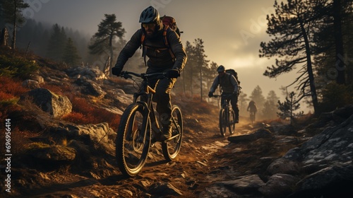 mountain bikers navigating a rocky trail surrounded by pine trees, with a soft golden sunlight filtering through the mist. © DigitalArt