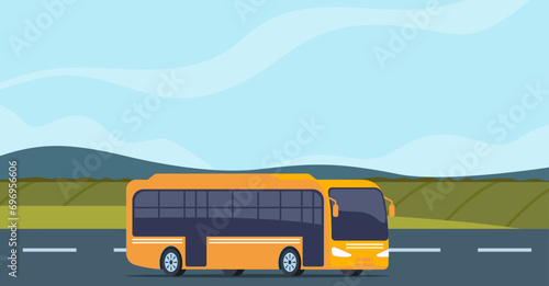 Traveling by bus. Tourist buses drive along road towards trip adventure. Travel agency commercial advertising, summer vacation tourism background. Vector illustration.