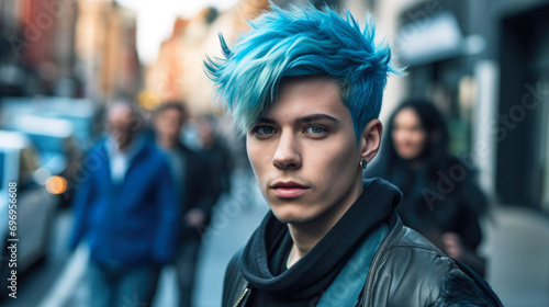 Portrait of a young man with blue hair in the city. Concept of fashionable haircut and hairdressing salon