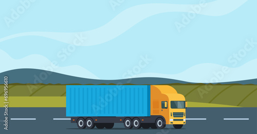 Cargo truck moving on highway road. Commercial transport. Logistics. Car for the carriage of goods. Trucking company banner concept. Vector illustration.