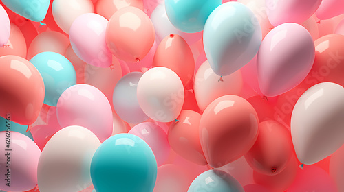 Colorful celebration balloons in coral, pink and aqua colors, colorful background, festive background
