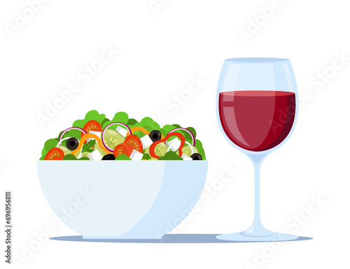 Glass of red wine with fresh greek feta cheese salad. Healthy food. Traditional mediterranean cuisine. Vector illustration.