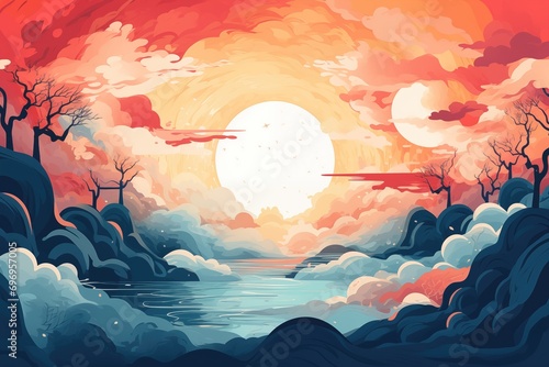 Cartoon landscape with lake, forest and sunset. Abstract background for Tet Nguyen Dan.   photo