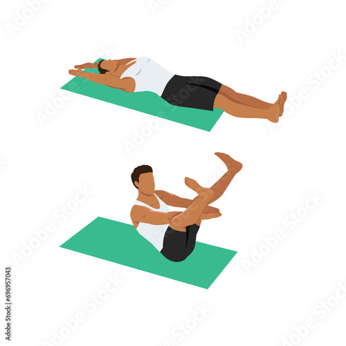 Man doing star crunch or crunches. Abdominals exercise. Flat vector illustration isolated on white background