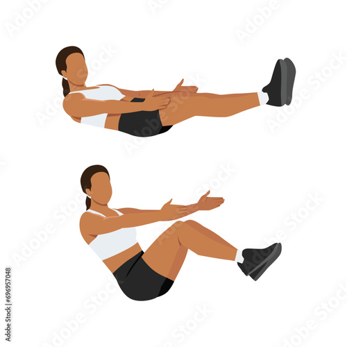 Woman doing the suitcase sit up exercise. Flat vector illustration isolated on white background