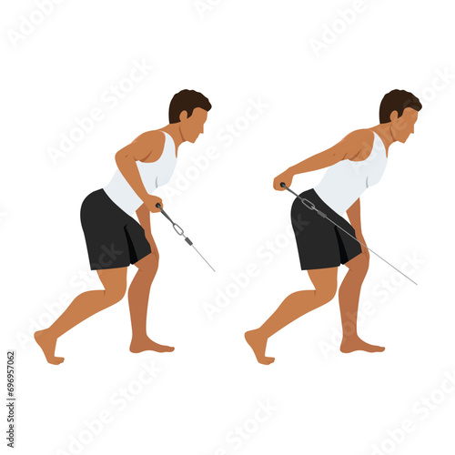 Man doing low pulley tricep extensions. Cable tricep kickback exercise. Flat vector illustration isolated on white background