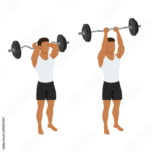 Man doing ez bar overhead inside grip tricep extension exercise. Flat vector illustration isolated on white background