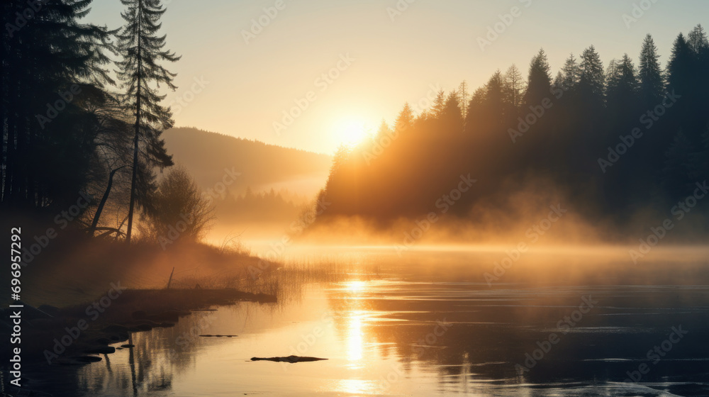 morning landscape of sunrise on misty river