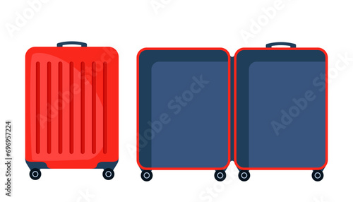 Empty open suitcase, travel concept. Empty and closed modern wheeled suitcase ready for packing. Preparing for the trip. Vector illustration.