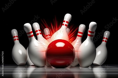 A red ball strikes white bowling pins strike motion frozen time