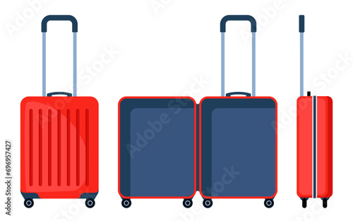 Empty open suitcase, travel concept. Empty and closed modern wheeled suitcase ready for packing. Front and side view. Preparing for the trip. Vector illustration.