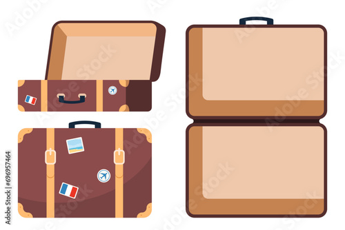 Retro leather suitcase with metal corners, belts and handle. Suitcase, open and closed, ready for packing. Front and top view. Preparing for the trip. Vacation and travel concept. Vector illustration.