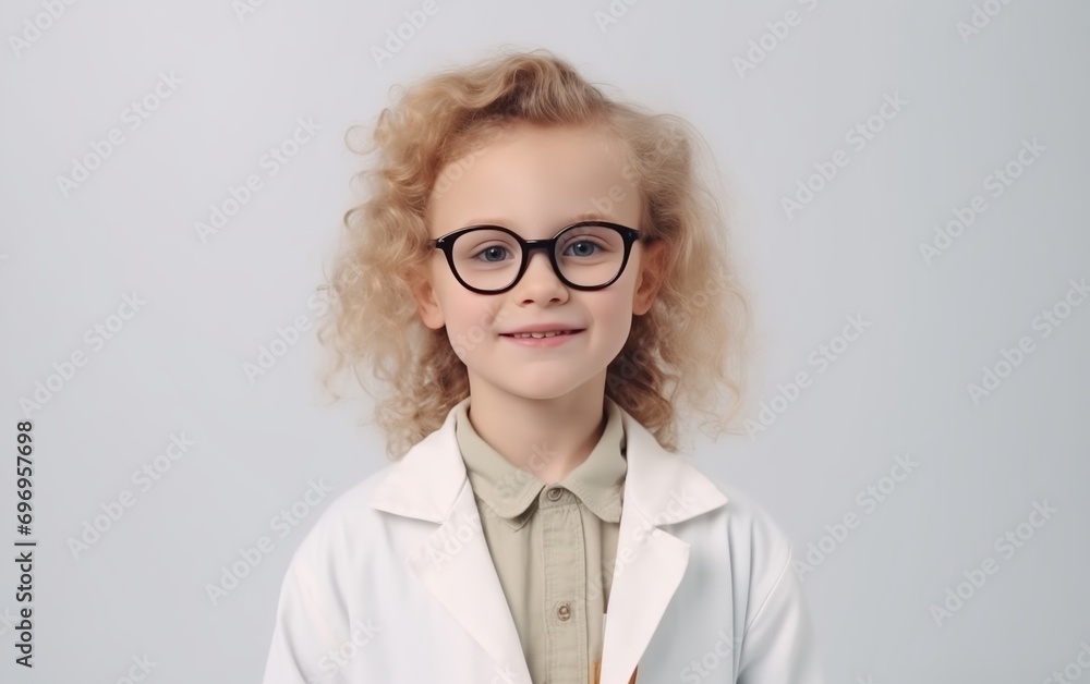 child in a doctor's costume, on a light background, space for text 
