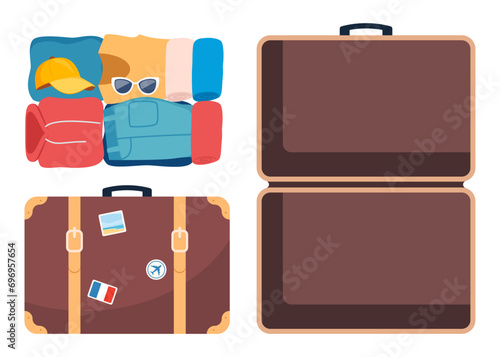 Suitcase, open and closed, ready for packing. Front and top view. Preparing for the trip. Packed clothes for travel. Clothing, footwear and accessories. Personal belongings. Vector illustration.