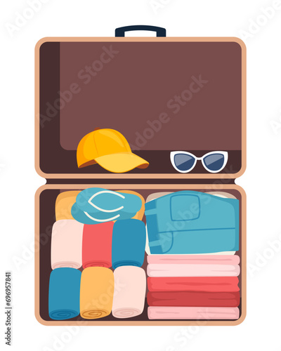 Suitcase with packed clothes for travel in top view. Clothing, footwear and accessories. Personal belongings in luggage, going on vacation, journey or business trip. Vector illustration.