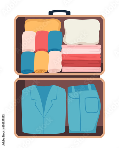 Suitcase with packed clothes for travel in top view. Clothing, footwear and accessories. Personal belongings in luggage, going on vacation, journey or business trip. Vector illustration.