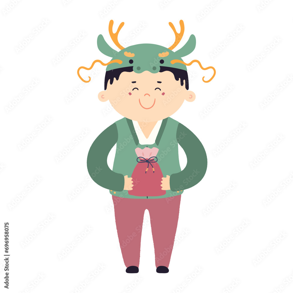 Cute boy in dragon hat, holding traditional Korean gift character illustration. Hand drawn cartoon vector illustration. Flat style design. Seollal holiday card, poster, banner element Cute boy in dragon hat, holding traditional Korean gift character illustration. Hand drawn cartoon vector illustration. Flat style design. Seollal holiday card, poster, banner element