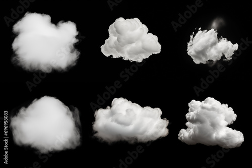 clouds cumulus white isolated on black background, collection of six pieces