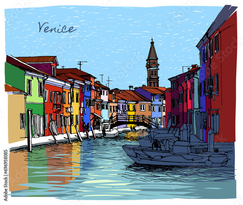 Vector illustration of Venice street. Italy with boats, houses and water, drawn in sketch style. Freehand illustration. Reflection of colorful houses in the water of channel. Card