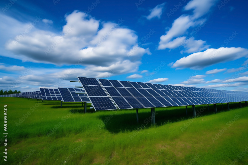 solar panels, on field with green grass, under blue sky with white clouds on clear day, replenished source solar panels, on field with green grass, under blue sky with white clouds on clear day, replenished source