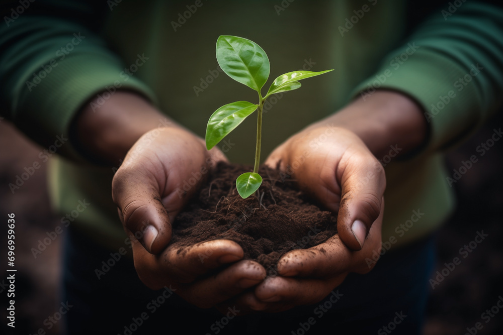 human hands caring holds plant shoot with leaves in ground, ecology concept,