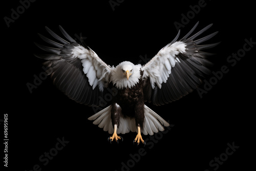 white eagle with claws lands, attacker, isolated on black background, hunter