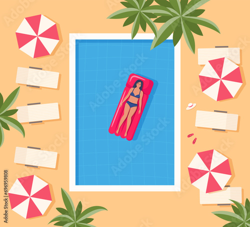 Happy woman in swimsuit floating on inflatable mattress in swimming pool. Relaxation, enjoying life concept. Top view. Summer time vacations. Vector illustration.