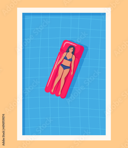 Happy woman in swimsuit floating on inflatable mattress in swimming pool. Relaxation, enjoying life concept. Top view. Summer time vacations. Vector illustration.