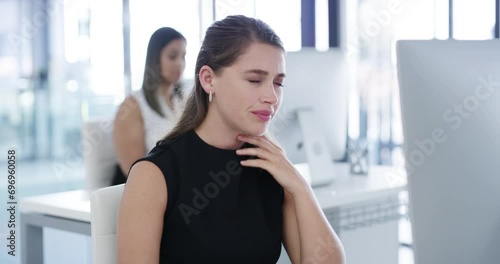 Woman, sick and coughing in office, computer and virus for infection, sinus and cold symptoms. flu, colleague and allergy in workplace, sore throat and healthcare for disease or spread germs photo