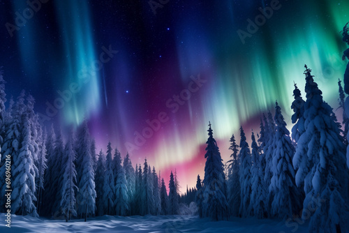aurora green blue purple borealis over frosty coniferous forest, winter, ate trees in the snow photo