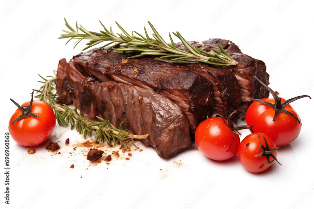 roasted beef spare rib well done with thyme pepper and tomato, isolated, white background