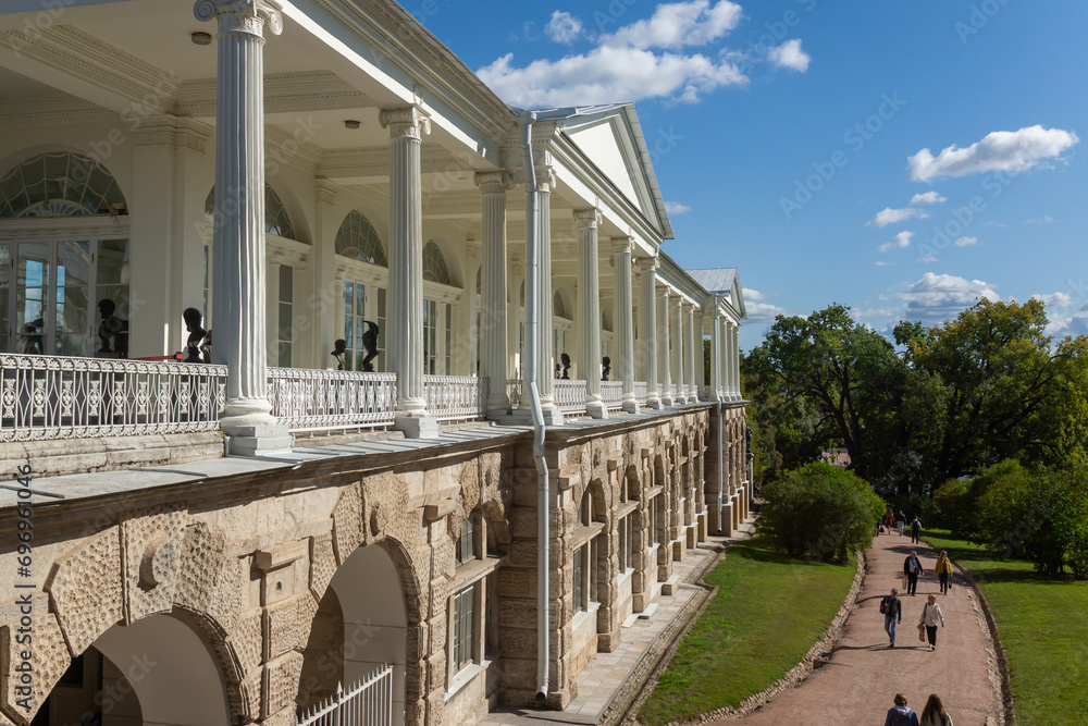 Pushkin, Russia - September 5, 2023: Catherine Palace is a rococo style palace located in the city of Tsarskoe Selo, 30 km south of St. Petersburg, Russia. Pushkin, Russia - September 5, 2023: Catherine Palace is a rococo style palace located in the city of Tsarskoe Selo, 30 km south of St. Petersburg, Russia.