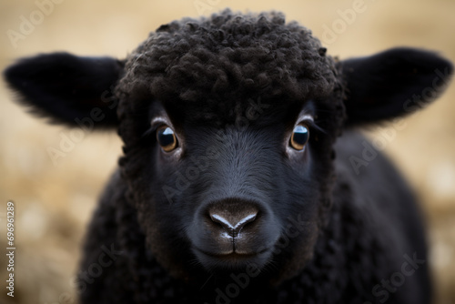 head of black sheep close-up, brown eye, curly-haired, looks at camera, selective focus
