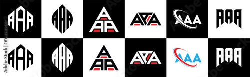 AAA letter logo design in six style. AAA polygon, circle, triangle, hexagon, flat and simple style with black and white color variation letter logo set in one artboard. AAA minimalist and classic logo