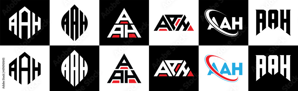 AAH letter logo design in six style. AAH polygon, circle, triangle, hexagon, flat and simple style with black and white color variation letter logo set in one artboard. AAH minimalist and classic logo AAH letter logo design in six style. AAH polygon, circle, triangle, hexagon, flat and simple style with black and white color variation letter logo set in one artboard. AAH minimalist and classic logo