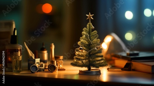 miniature Christmas tree on a desk - decoration on a work desk 