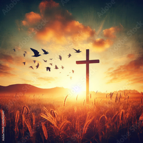 Background of thanks giving concept Silhouette cross and birds flying on meadow autumn sunrise. ai generative