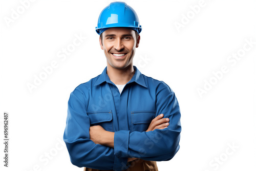 smiling male worker in blue helmet, arms crossed on his chest, isolated on white background