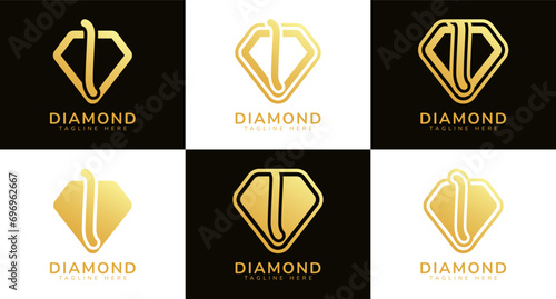 Set of diamond logos with initial letter I. These logos combine letters and rounded diamond shapes using gold gradation colors. Suitable for diamond shops, e-commerce