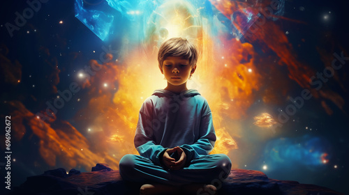 Realistic space children meditate. Universal colorful technology illustration.