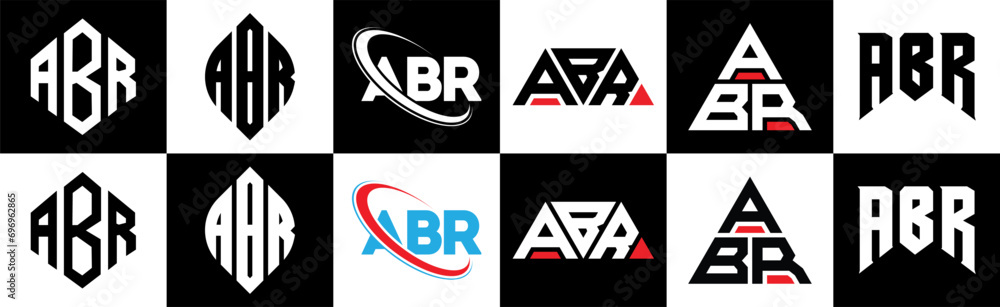 ABR letter logo design in six style. ABR polygon, circle, triangle, hexagon, flat and simple style with black and white color variation letter logo set in one artboard. ABR minimalist and classic logo